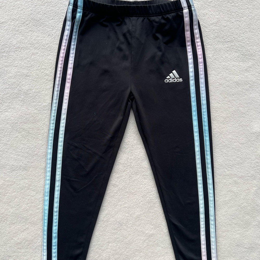 Adidas Girls’ Size 5 Black Track Pants with Multicolor Stripes